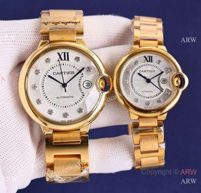 Swiss Quality Replica Ballon Bleu de Cartier All Gold Sapphire Watches 42mm and 33mm